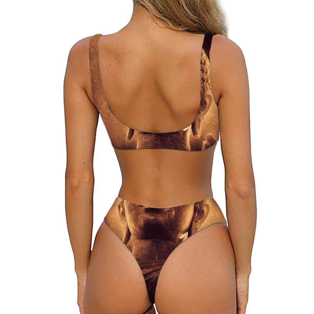 Vintage Buddha Statue Print Front Bow Tie Bikini
