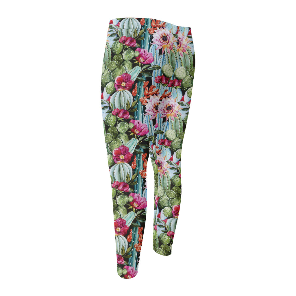 Vintage Cactus And Flower Print Men's Compression Pants