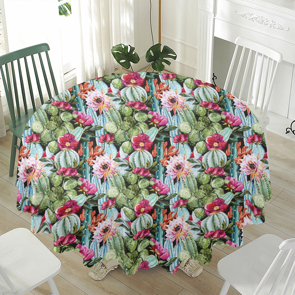 Vintage Cactus And Flower Print Waterproof Round Tablecloth
