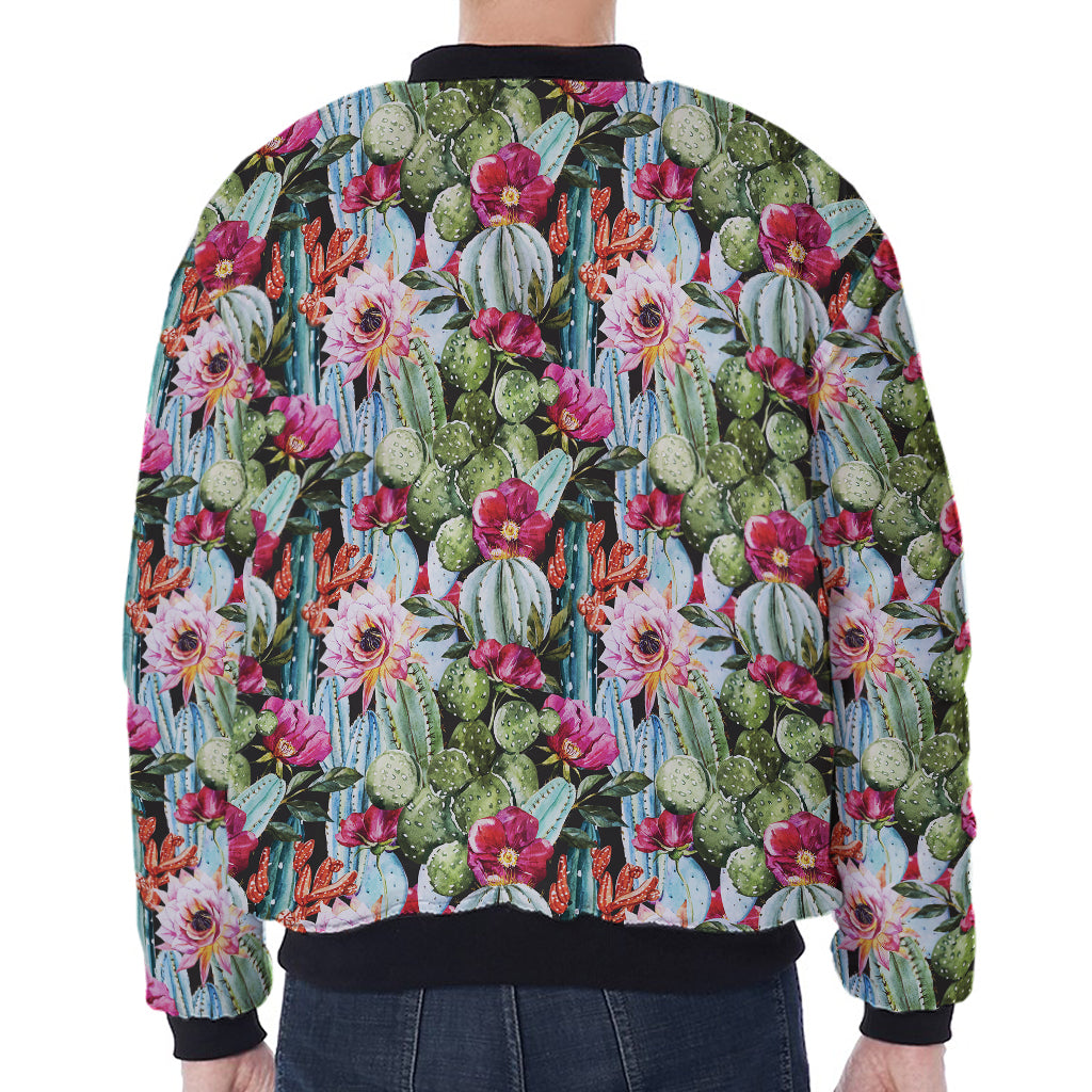 Vintage Cactus And Flower Print Zip Sleeve Bomber Jacket