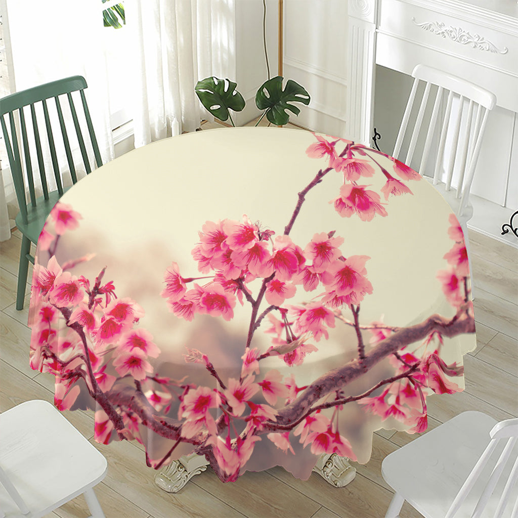 Vintage Cherry Blossom Print Waterproof Round Tablecloth