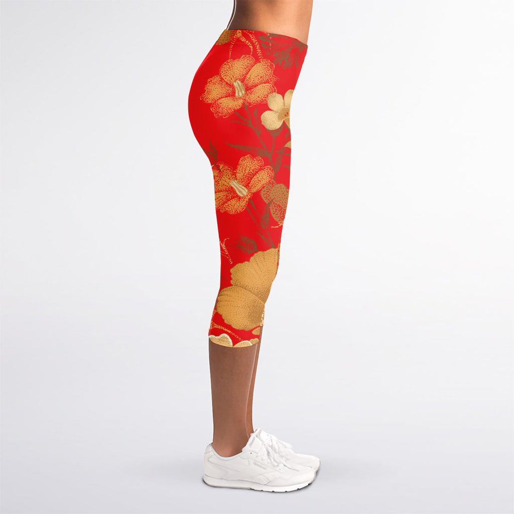 Vintage Chinese Flower Print Women's Capri Leggings