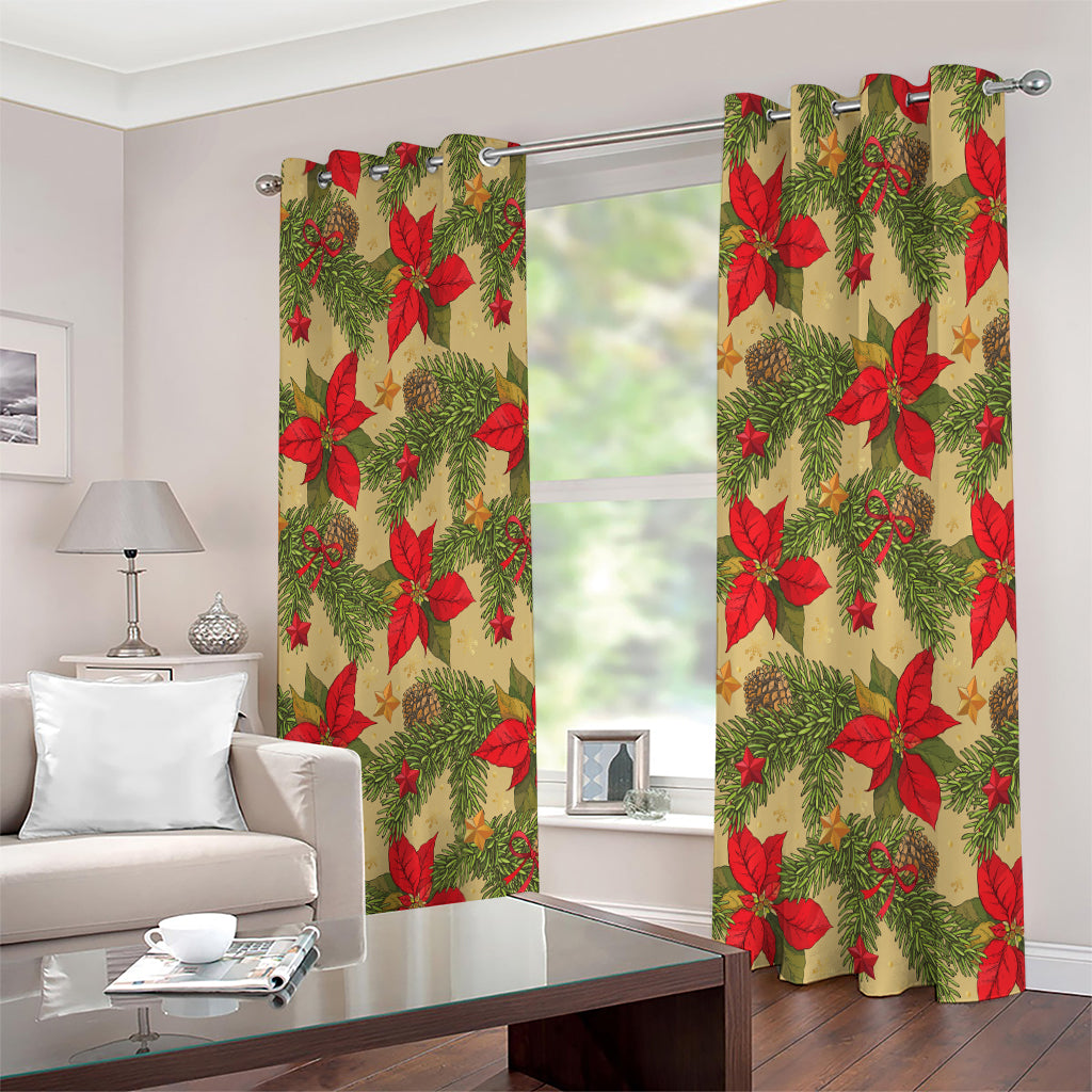 Vintage Christmas Poinsettia Print Extra Wide Grommet Curtains