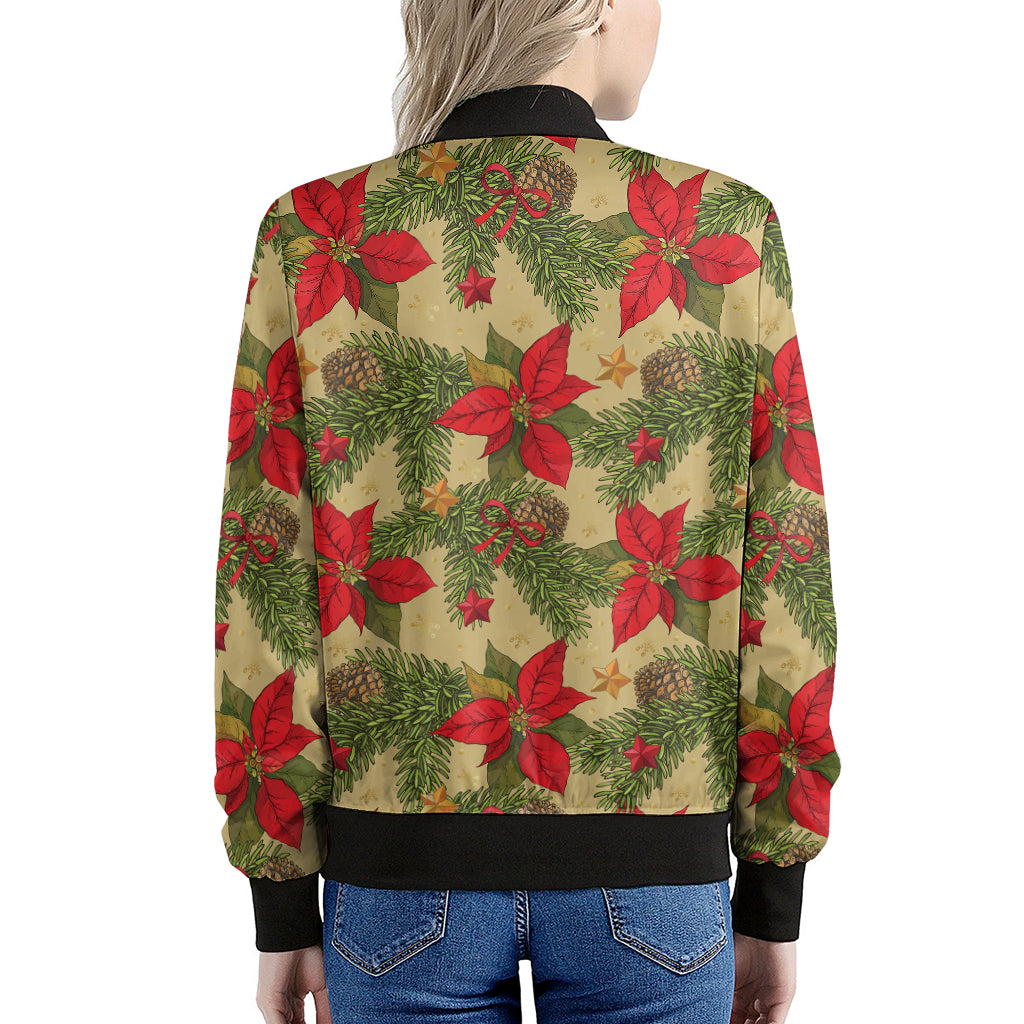 Vintage Christmas Poinsettia Print Women's Bomber Jacket