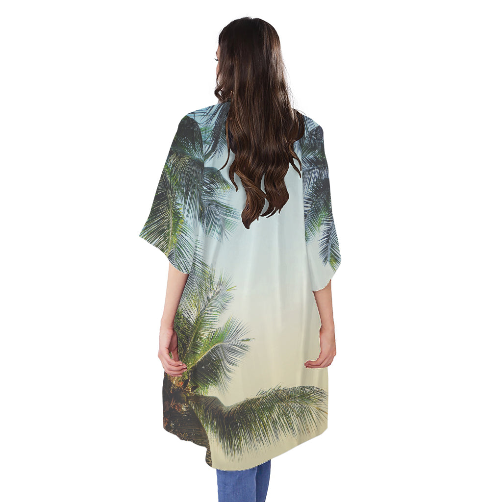 Vintage Coconut Tree Print Open Front Beach Cover Up