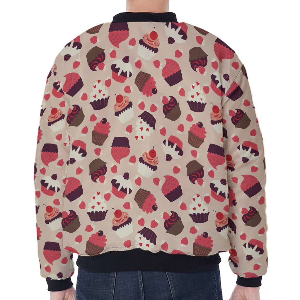 Vintage Cupcake Pattern Print Zip Sleeve Bomber Jacket