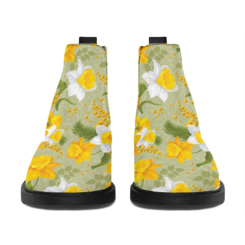 Vintage Daffodil Flower Pattern Print Flat Ankle Boots