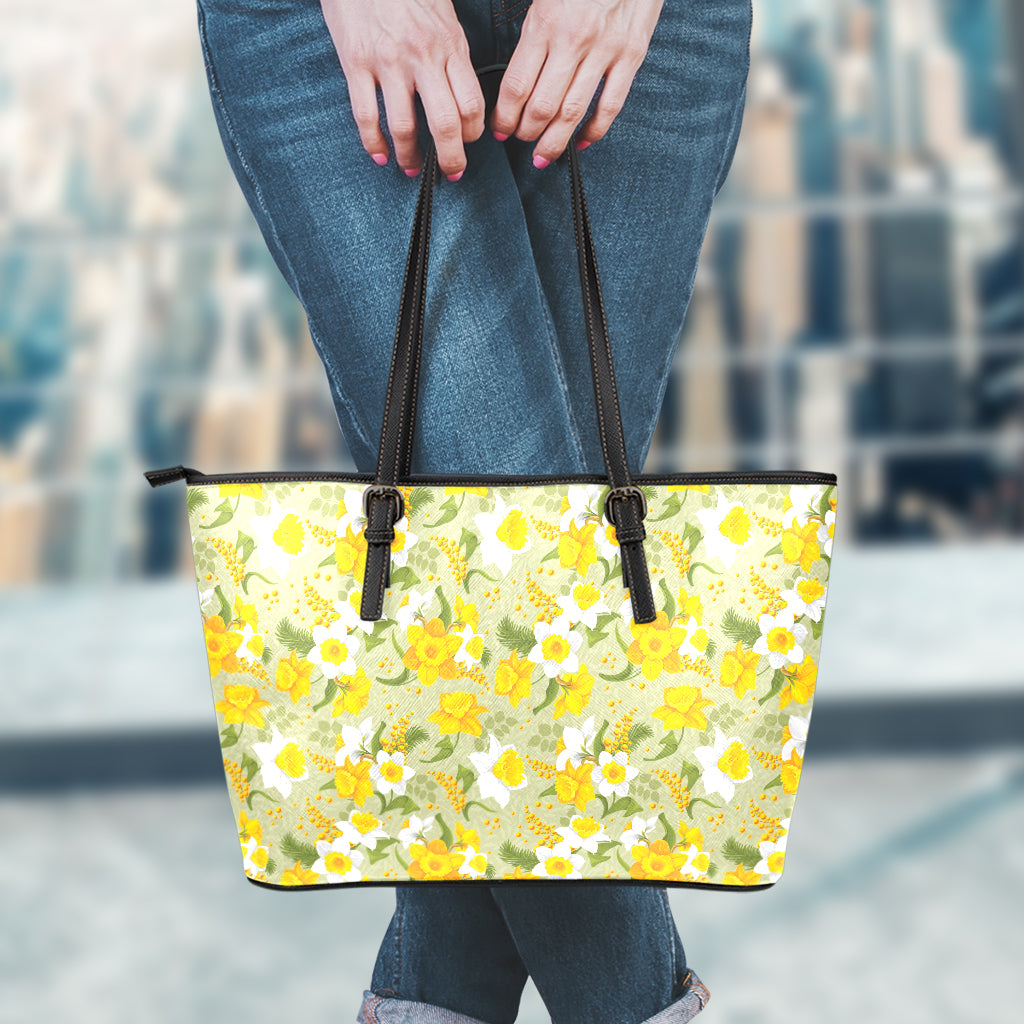 Vintage Daffodil Flower Pattern Print Leather Tote Bag
