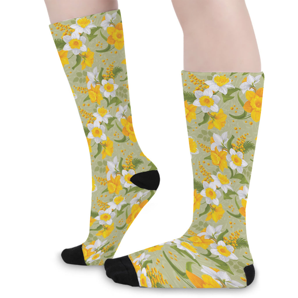Vintage Daffodil Flower Pattern Print Long Socks