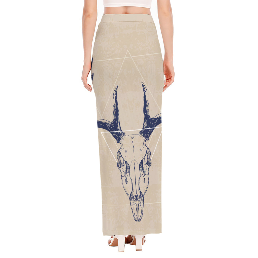 Vintage Deer Skull Print High Slit Maxi Skirt