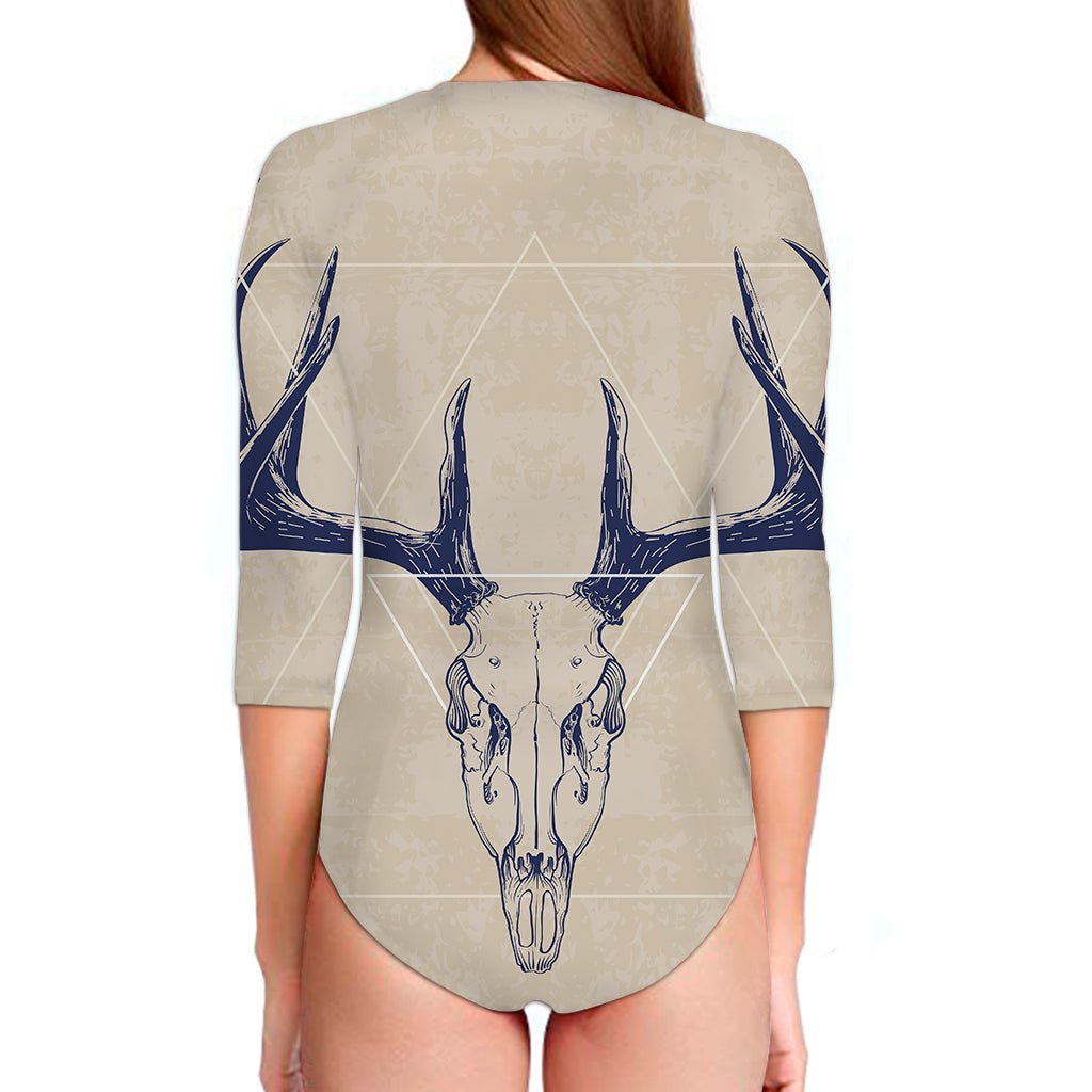 Vintage Deer Skull Print Long Sleeve Swimsuit