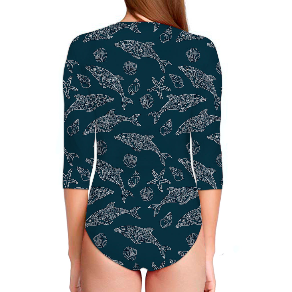 Vintage Dolphins Pattern Print Long Sleeve Swimsuit
