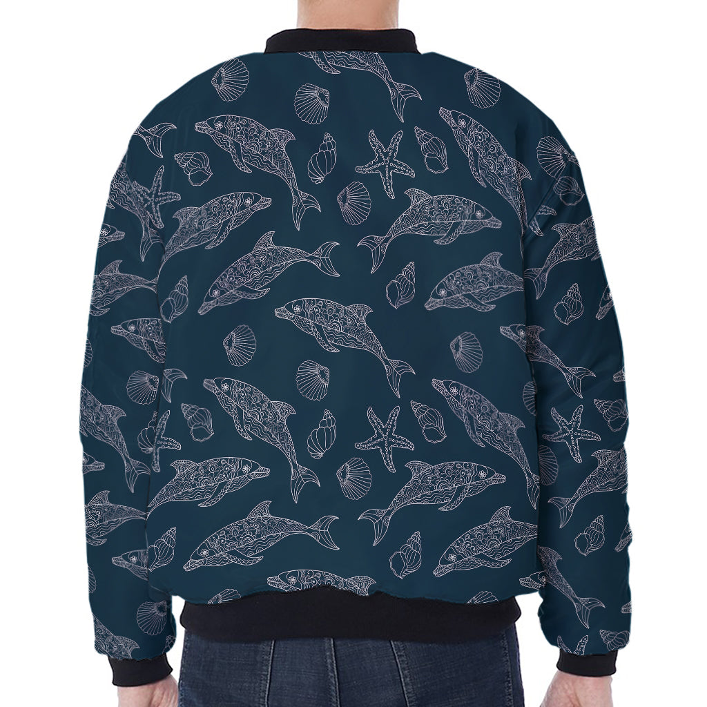 Vintage Dolphins Pattern Print Zip Sleeve Bomber Jacket