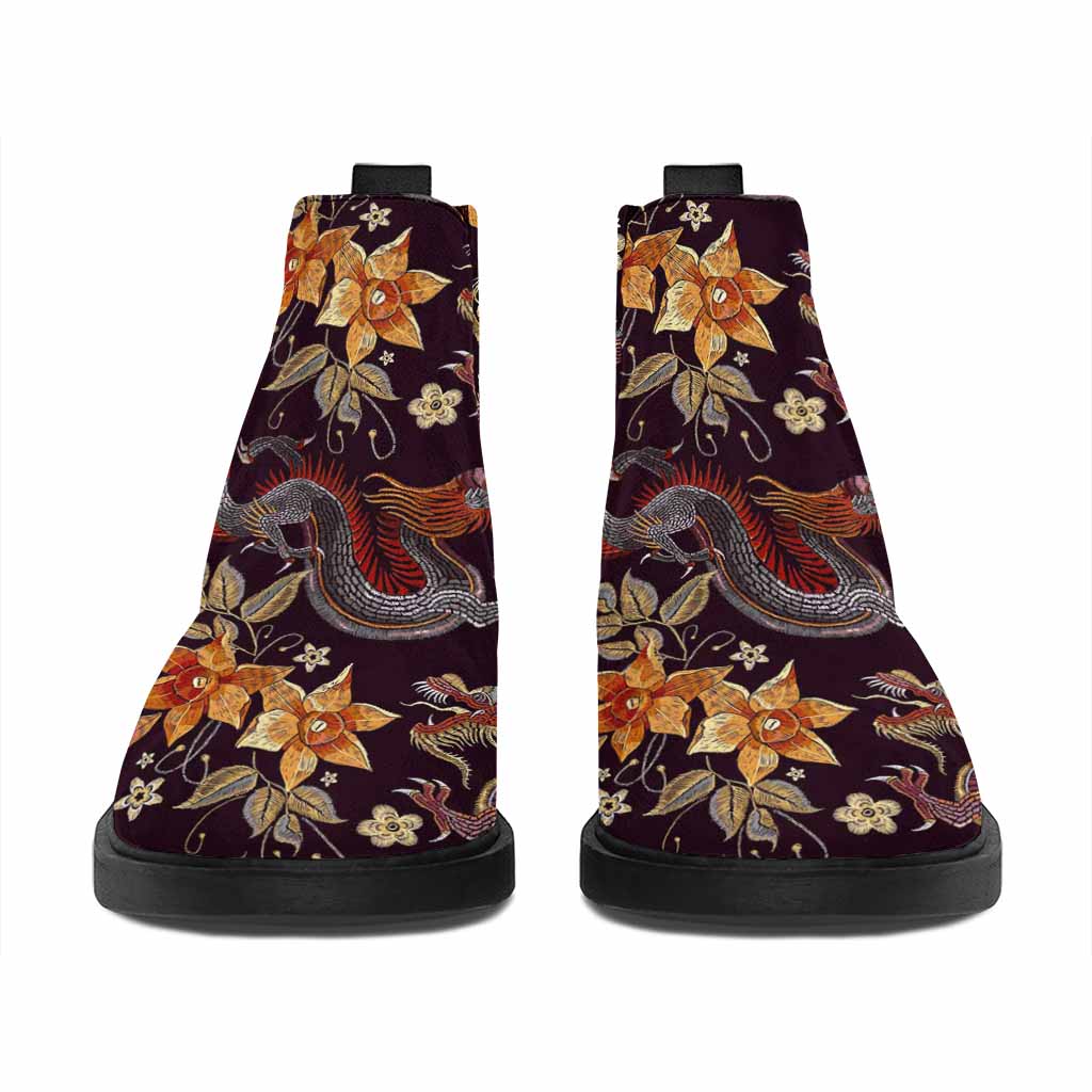 Vintage Dragon Flower Pattern Print Flat Ankle Boots