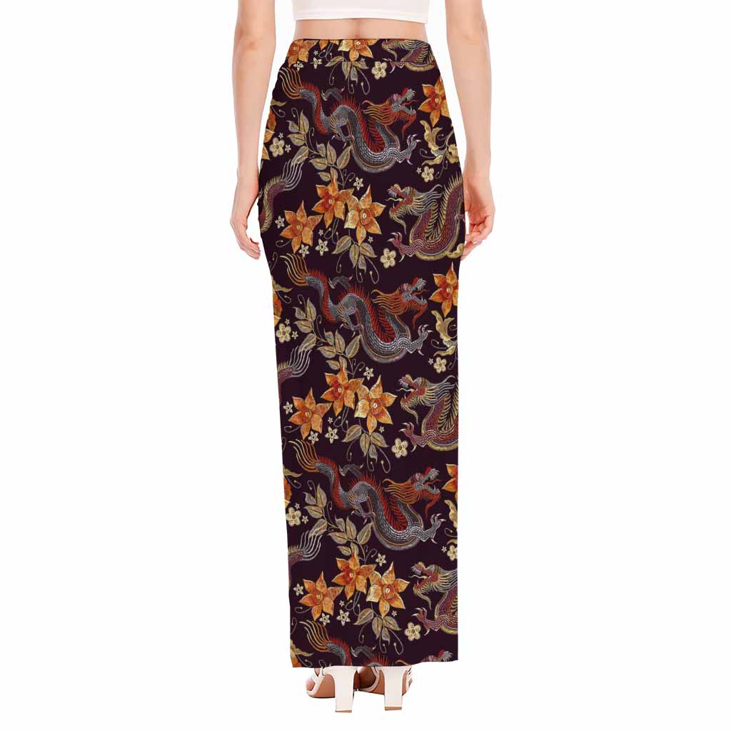 Vintage Dragon Flower Pattern Print High Slit Maxi Skirt