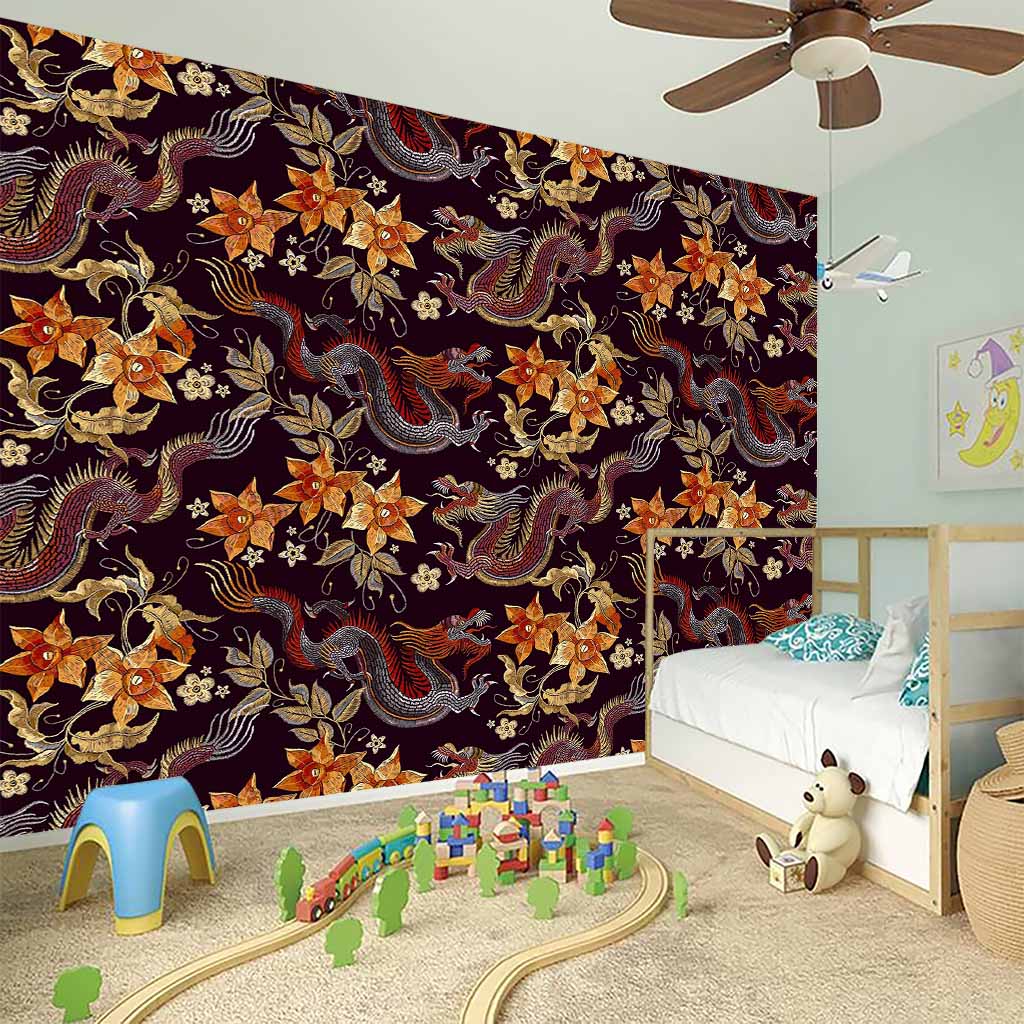 Vintage Dragon Flower Pattern Print Wall Sticker