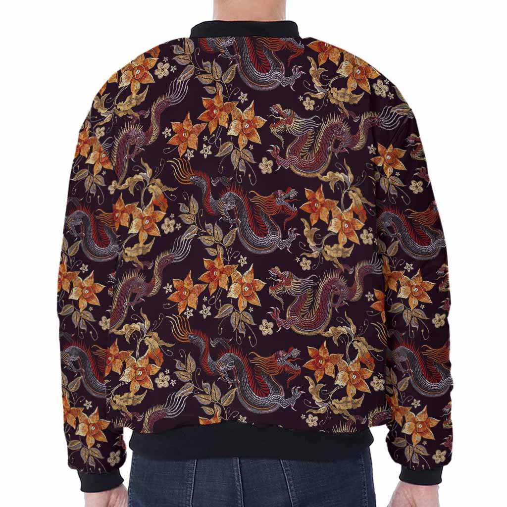 Vintage Dragon Flower Pattern Print Zip Sleeve Bomber Jacket