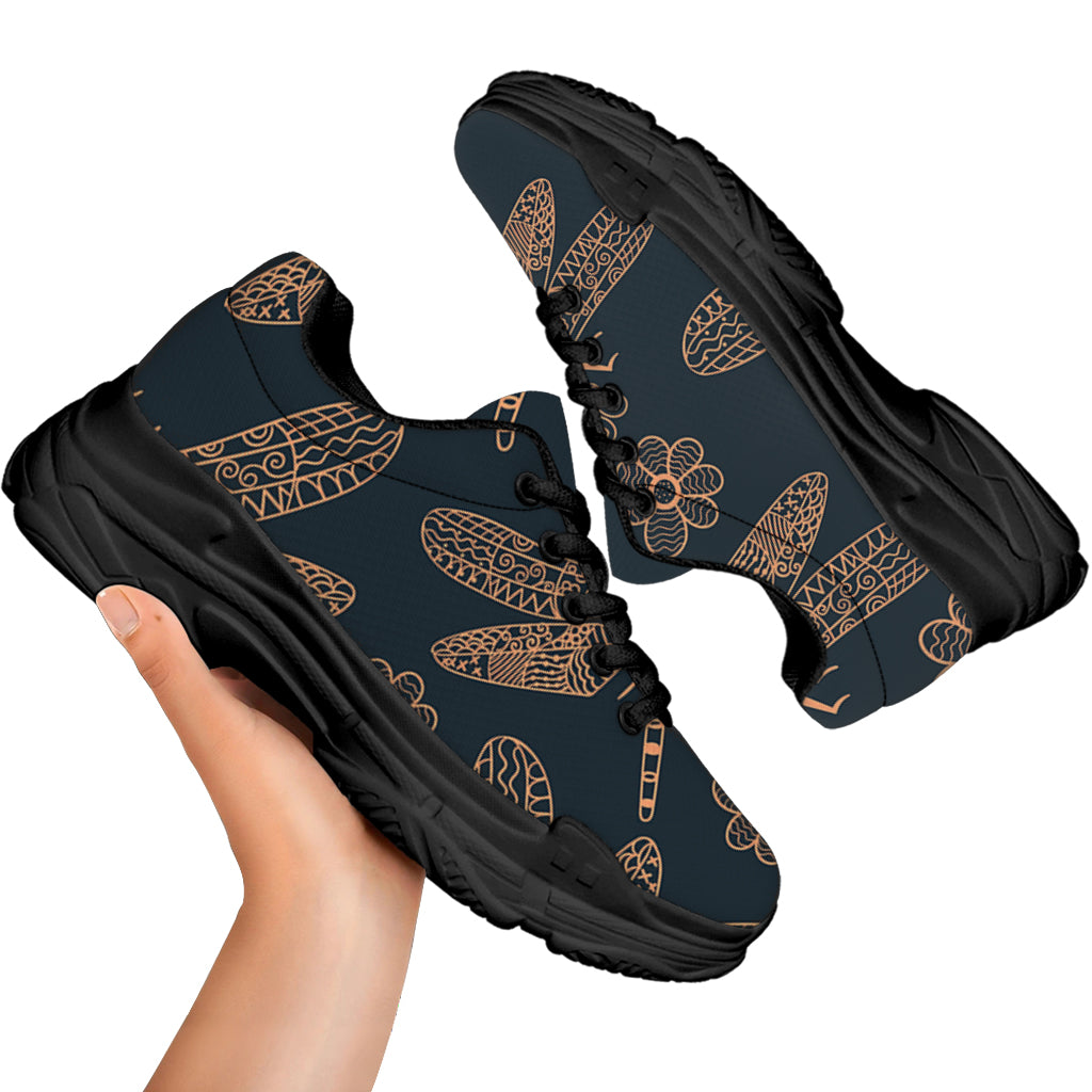 Vintage Dragonfly Pattern Print Black Chunky Shoes