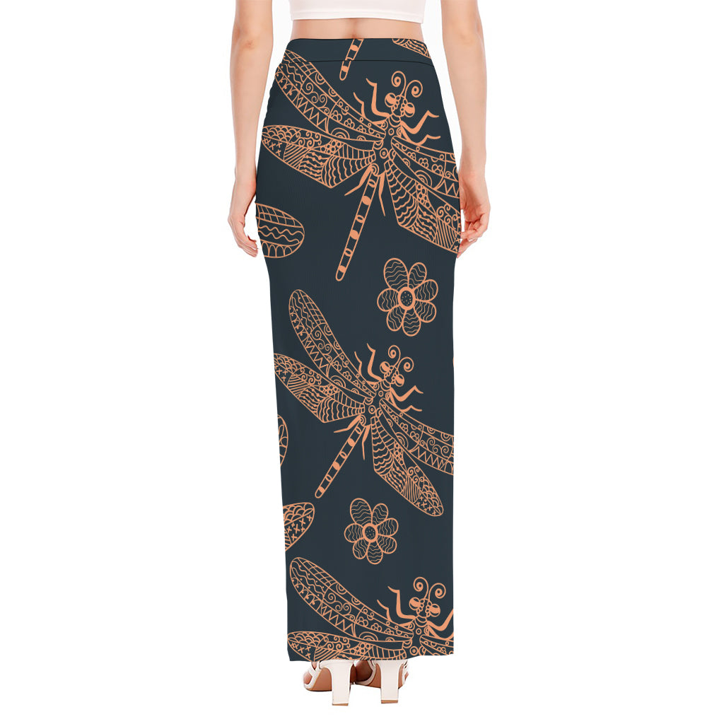 Vintage Dragonfly Pattern Print High Slit Maxi Skirt