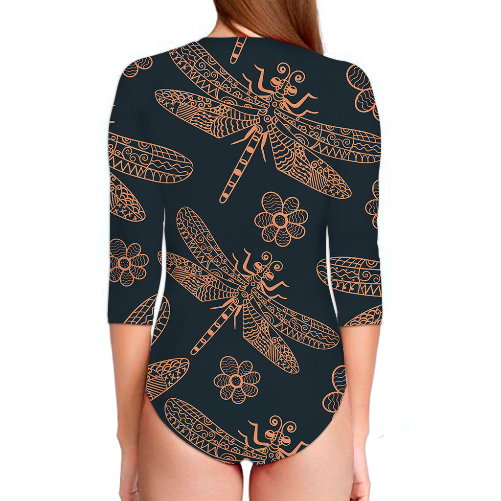 Vintage Dragonfly Pattern Print Long Sleeve Swimsuit