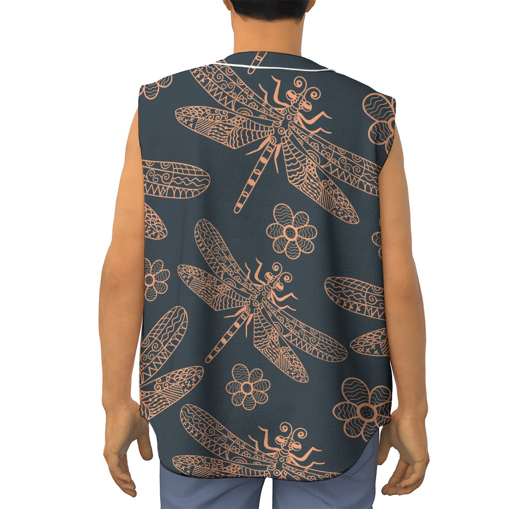 Vintage Dragonfly Pattern Print Sleeveless Baseball Jersey