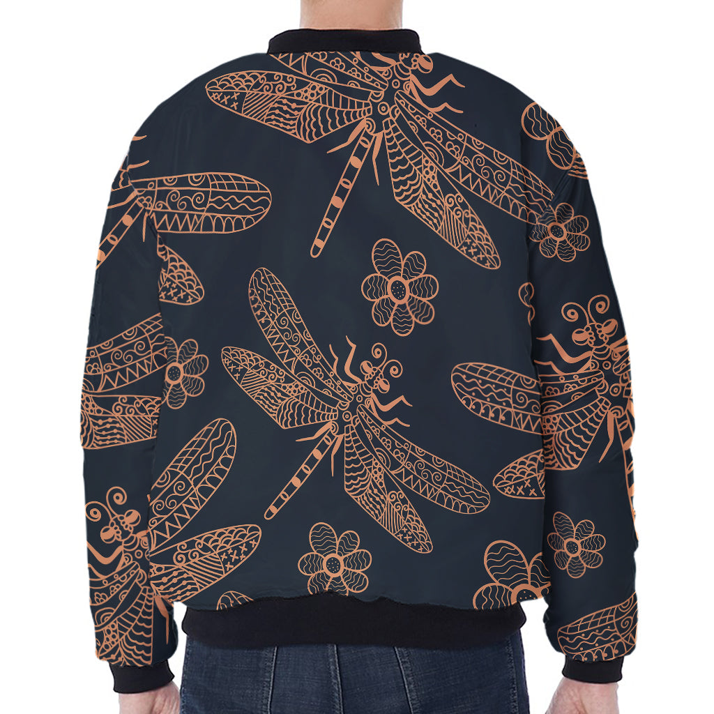 Vintage Dragonfly Pattern Print Zip Sleeve Bomber Jacket