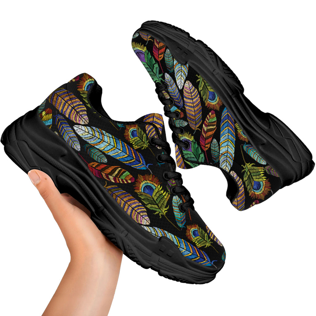 Vintage Feather Pattern Print Black Chunky Shoes