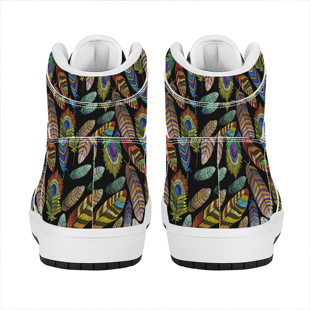 Vintage Feather Pattern Print High Top Leather Sneakers