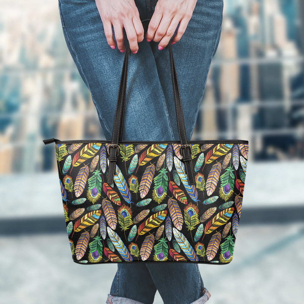 Vintage Feather Pattern Print Leather Tote Bag