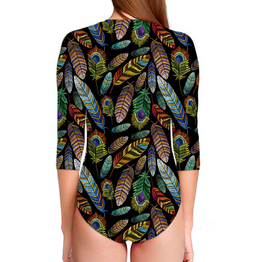 Vintage Feather Pattern Print Long Sleeve Swimsuit