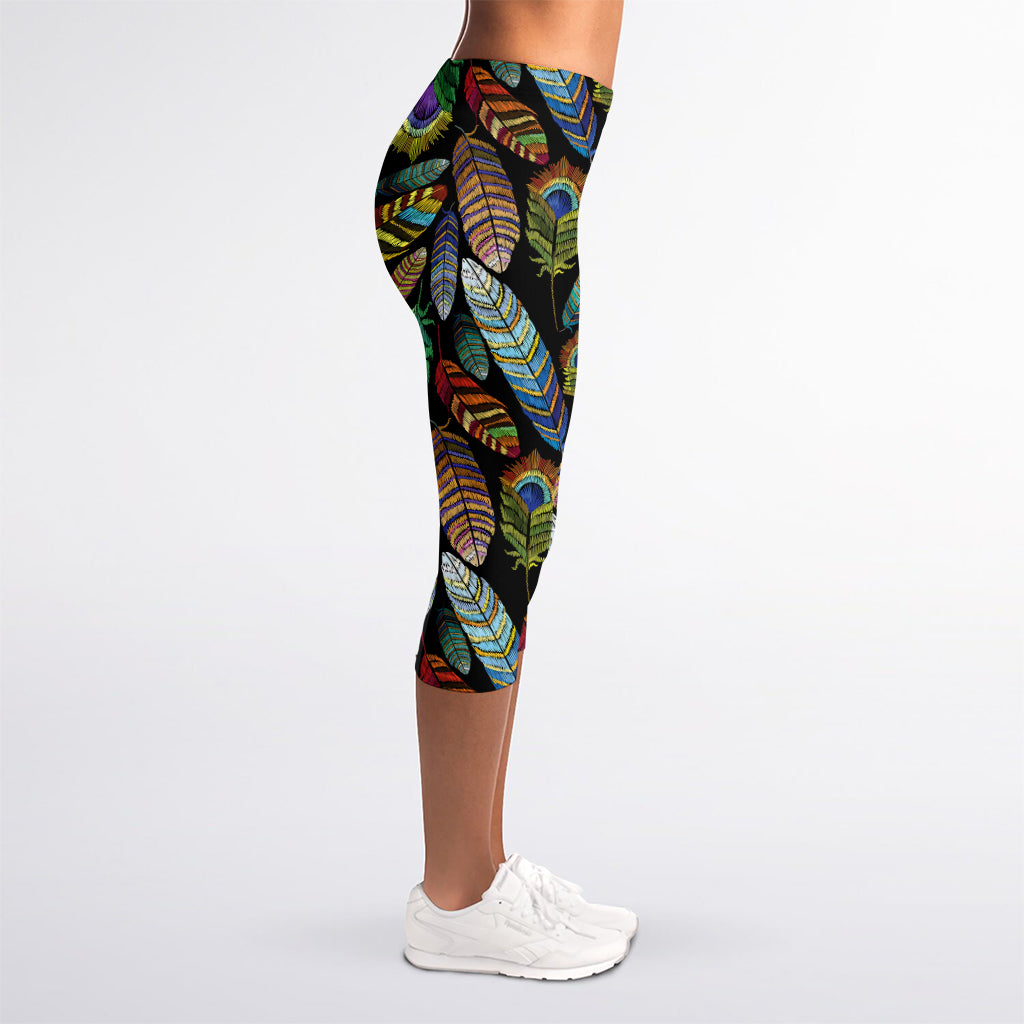 Vintage Feather Pattern Print Women's Capri Leggings