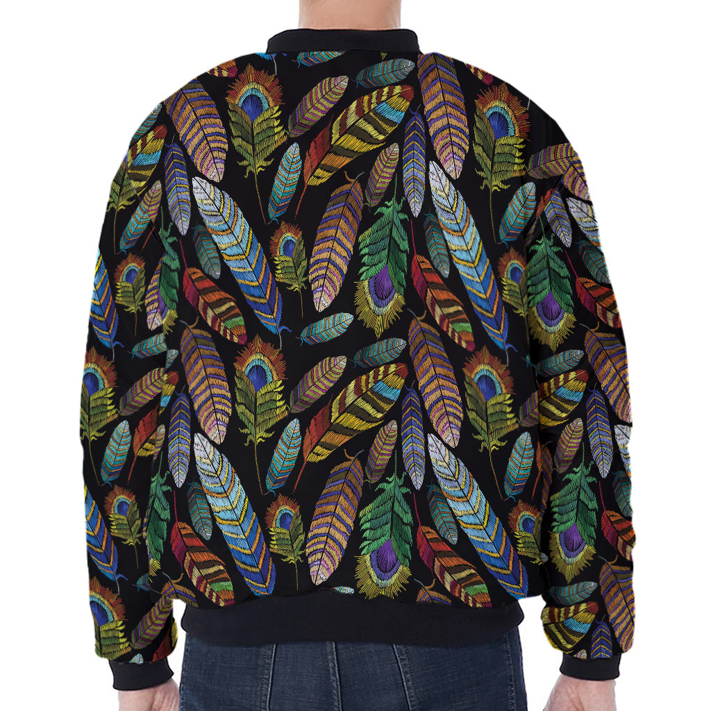 Vintage Feather Pattern Print Zip Sleeve Bomber Jacket