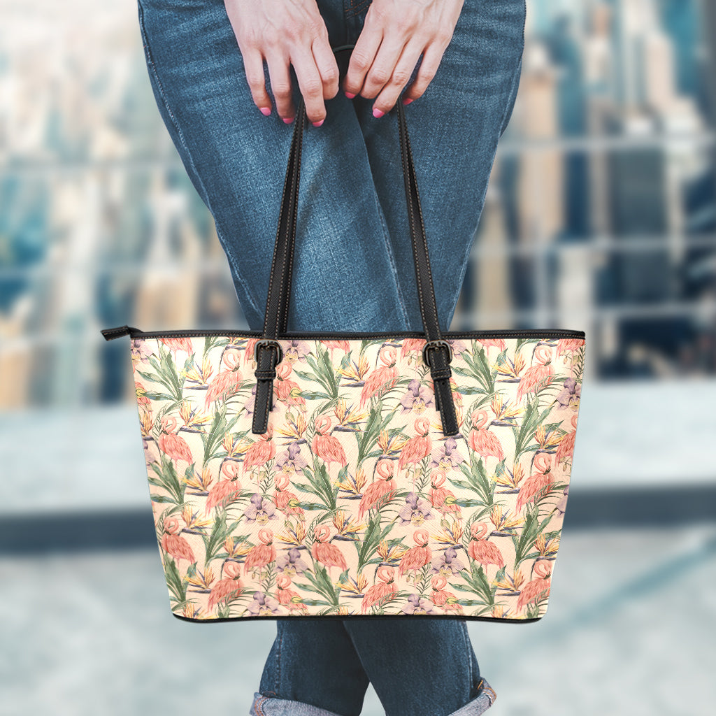 Vintage Flamingo Pattern Print Leather Tote Bag