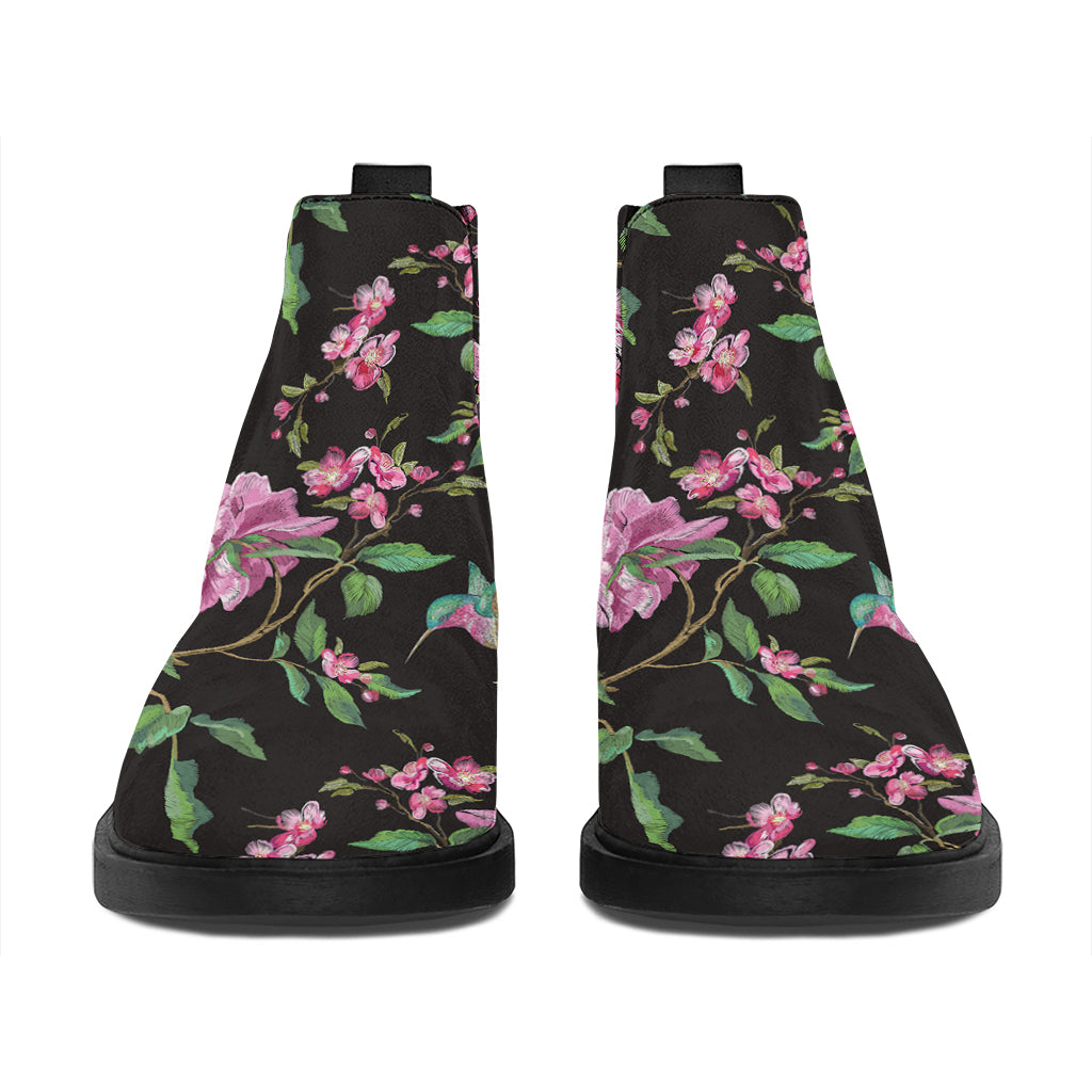 Vintage Floral Hummingbird Print Flat Ankle Boots