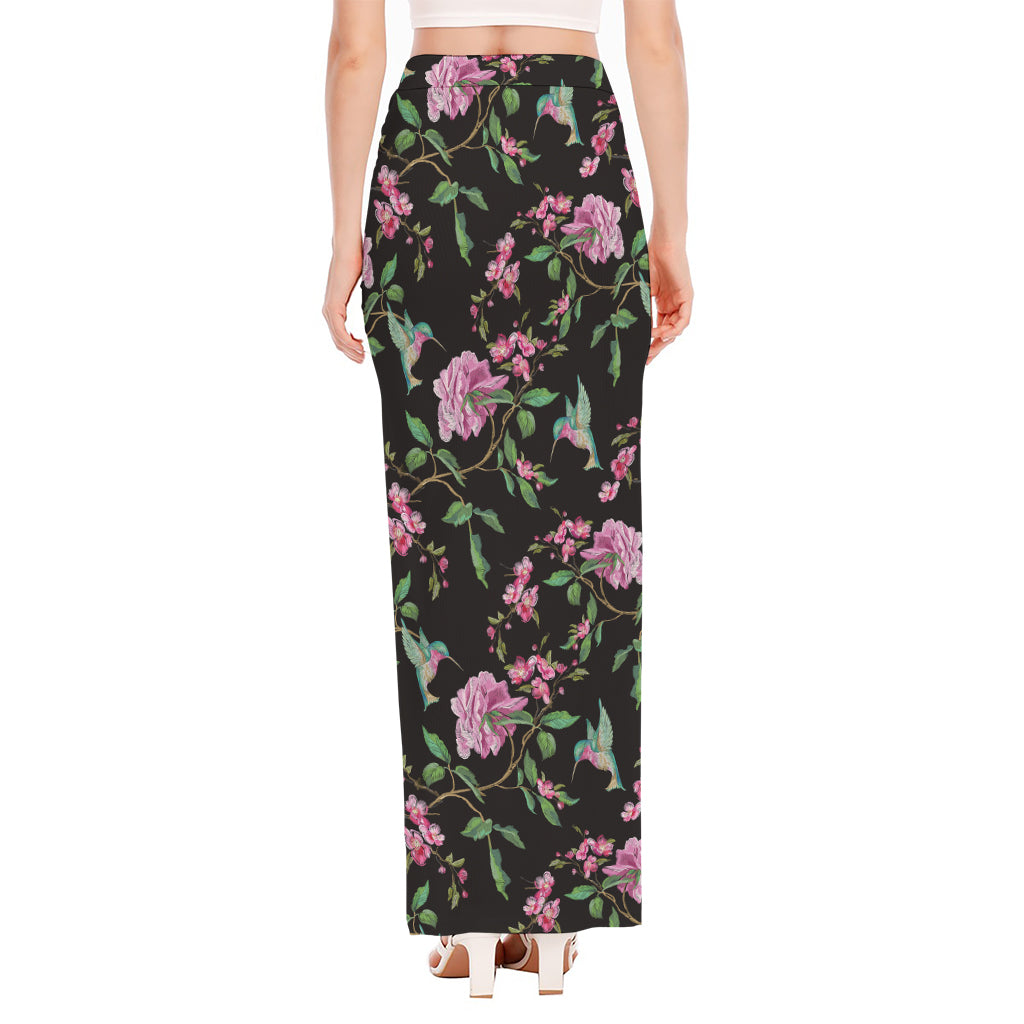 Vintage Floral Hummingbird Print High Slit Maxi Skirt