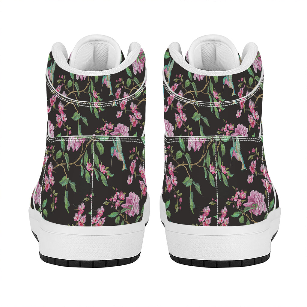 Vintage Floral Hummingbird Print High Top Leather Sneakers