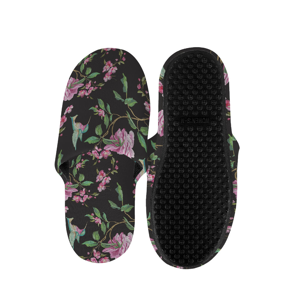 Vintage Floral Hummingbird Print Slippers