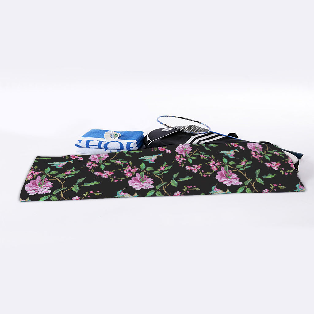 Vintage Floral Hummingbird Print Sports Towel