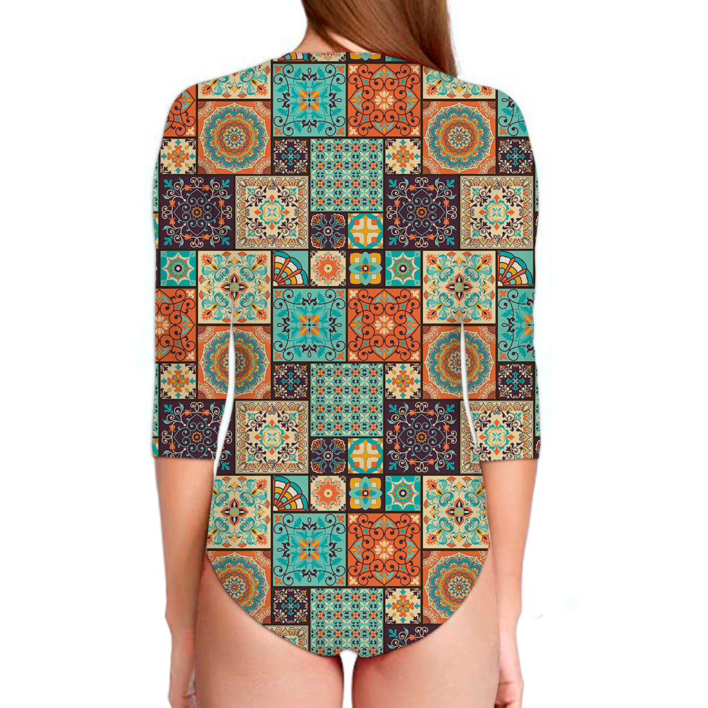 Vintage Floral Patchwork Pattern Print Long Sleeve Swimsuit