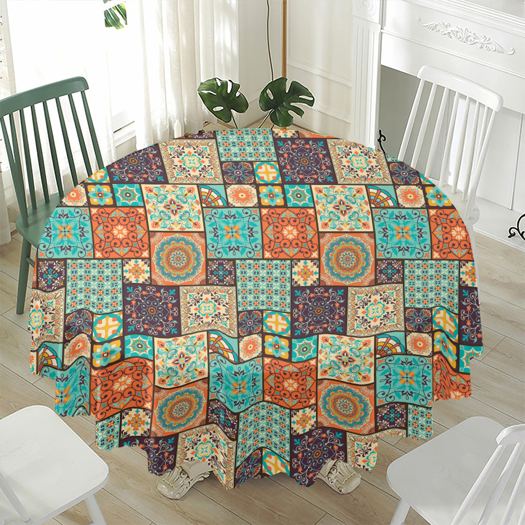 Vintage Floral Patchwork Pattern Print Waterproof Round Tablecloth