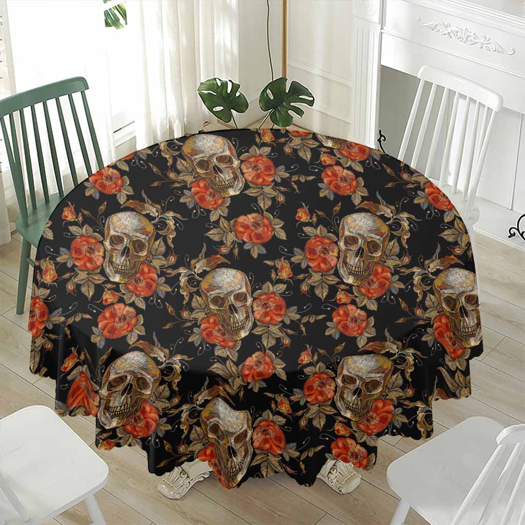 Vintage Floral Skull Pattern Print Waterproof Round Tablecloth