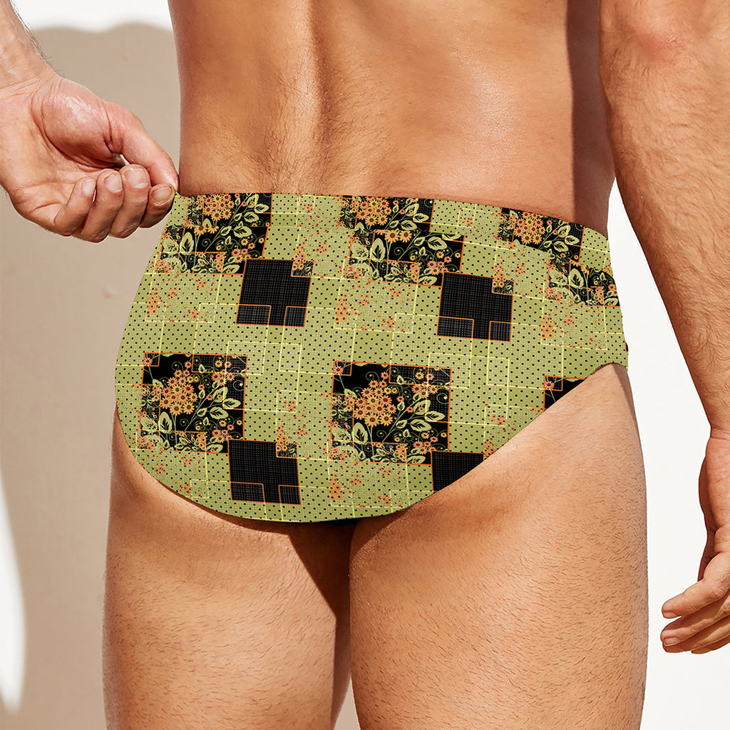 Vintage Flower Patchwork Pattern Print Men's Swim Briefs