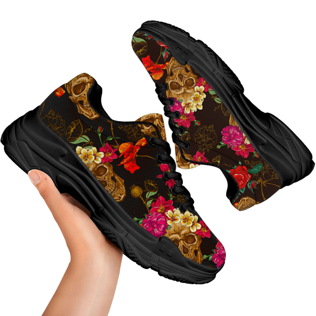 Vintage Flowers Skull Pattern Print Black Chunky Shoes