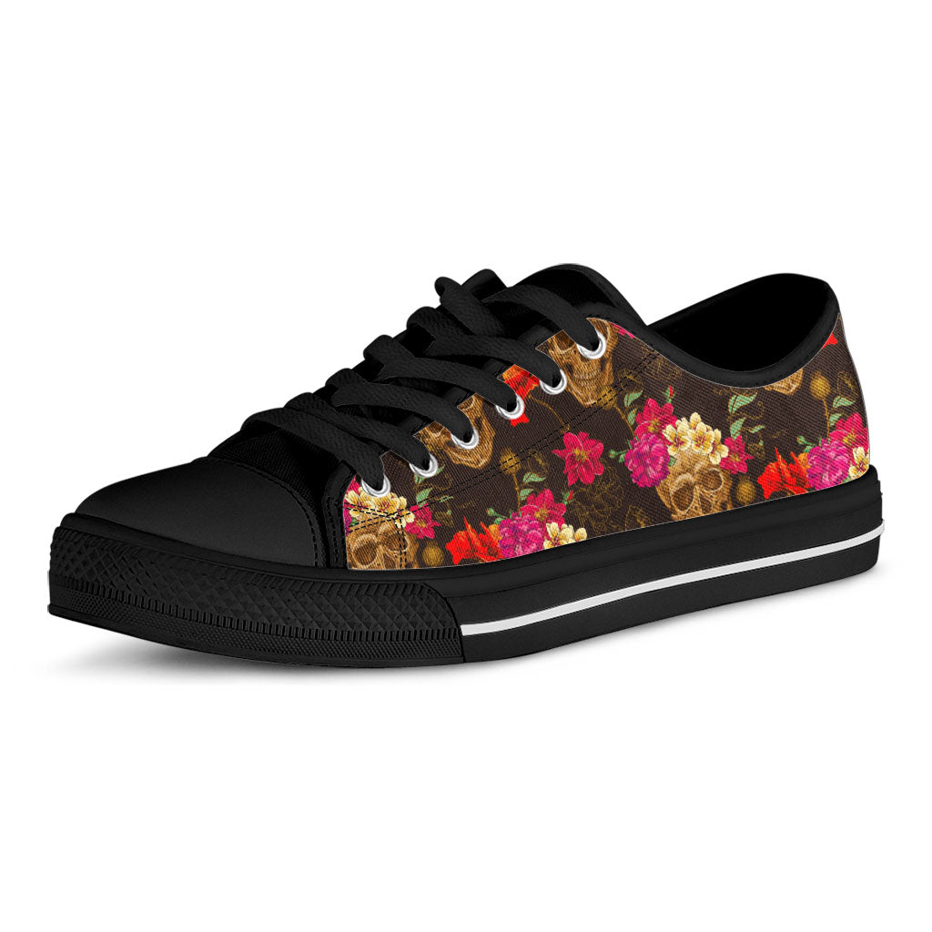Vintage Flowers Skull Pattern Print Black Low Top Sneakers