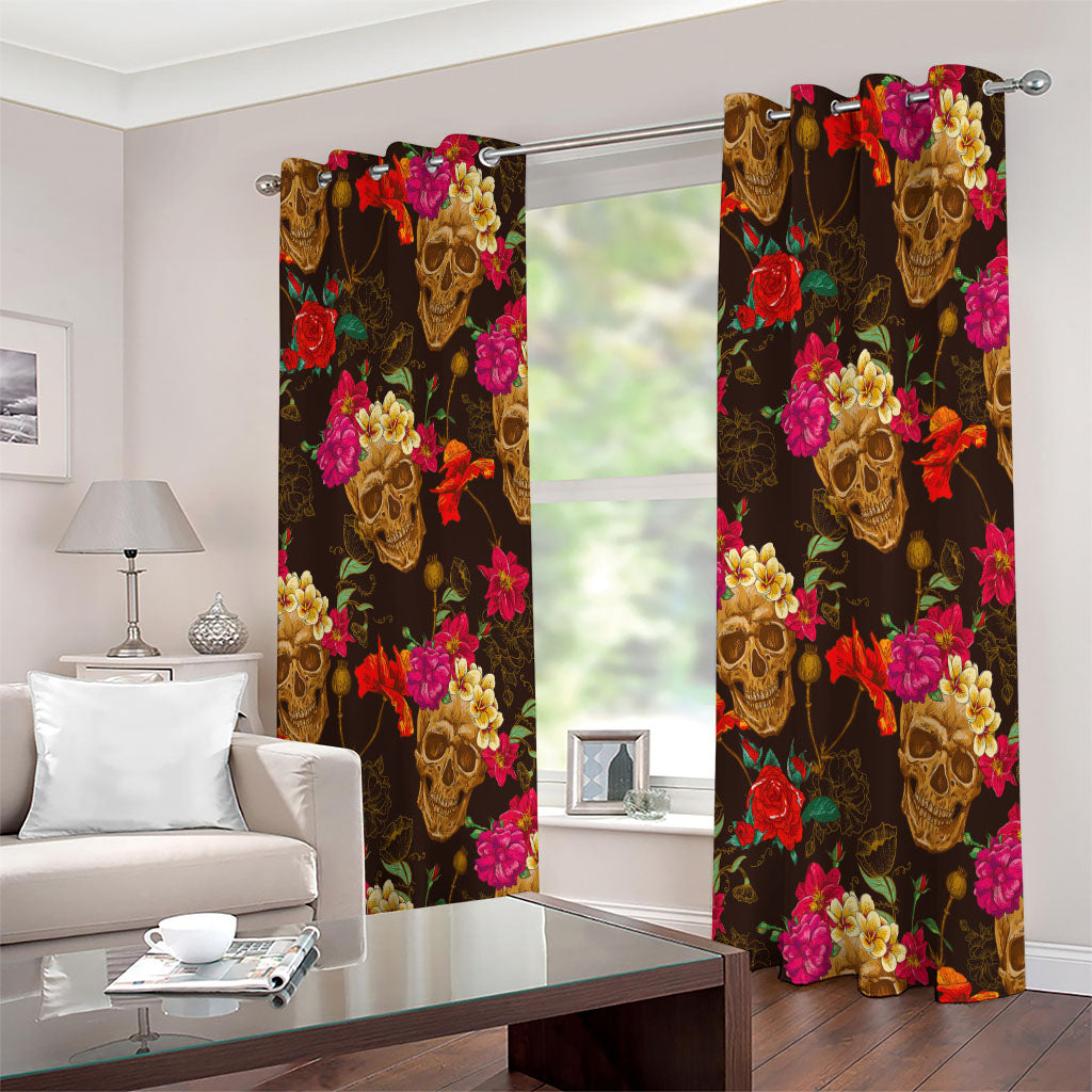 Vintage Flowers Skull Pattern Print Extra Wide Grommet Curtains