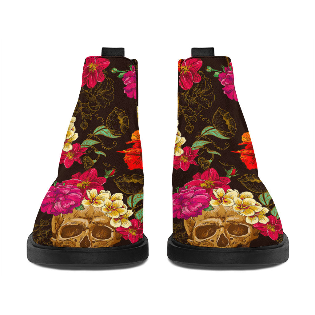 Vintage Flowers Skull Pattern Print Flat Ankle Boots