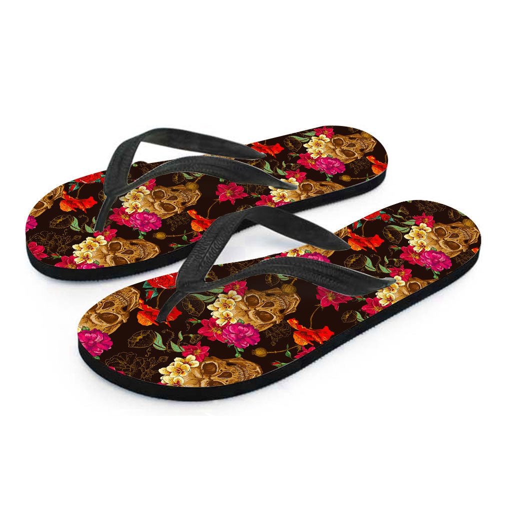 Vintage Flowers Skull Pattern Print Flip Flops