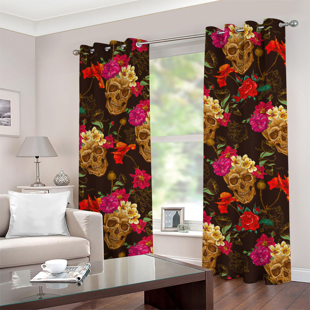 Vintage Flowers Skull Pattern Print Grommet Curtains