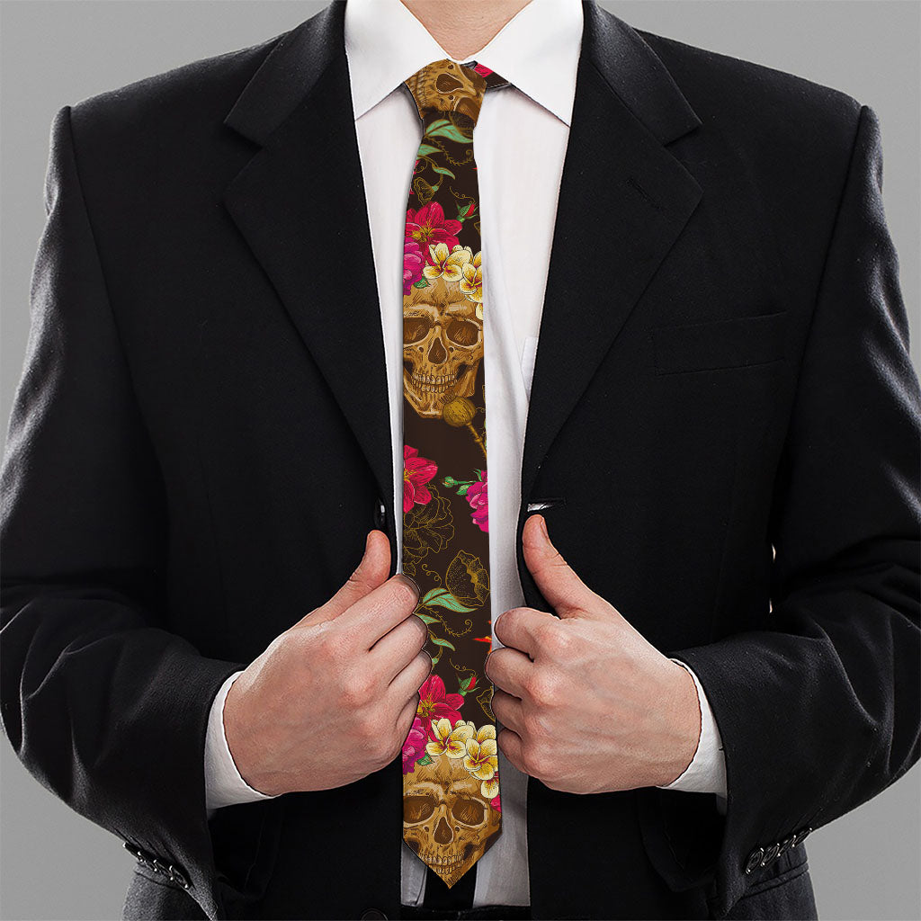 Vintage Flowers Skull Pattern Print Necktie