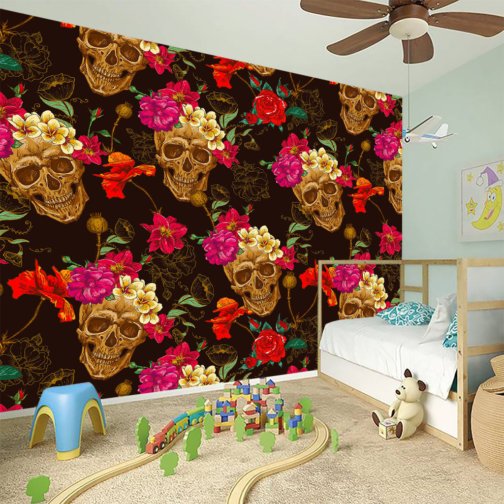 Vintage Flowers Skull Pattern Print Wall Sticker